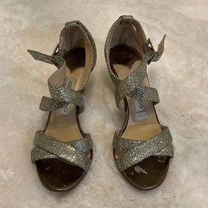 ✨JIMMY CHOO Louise Glitter Fabric Strappy Dress Sandals Champagne Size 36.5